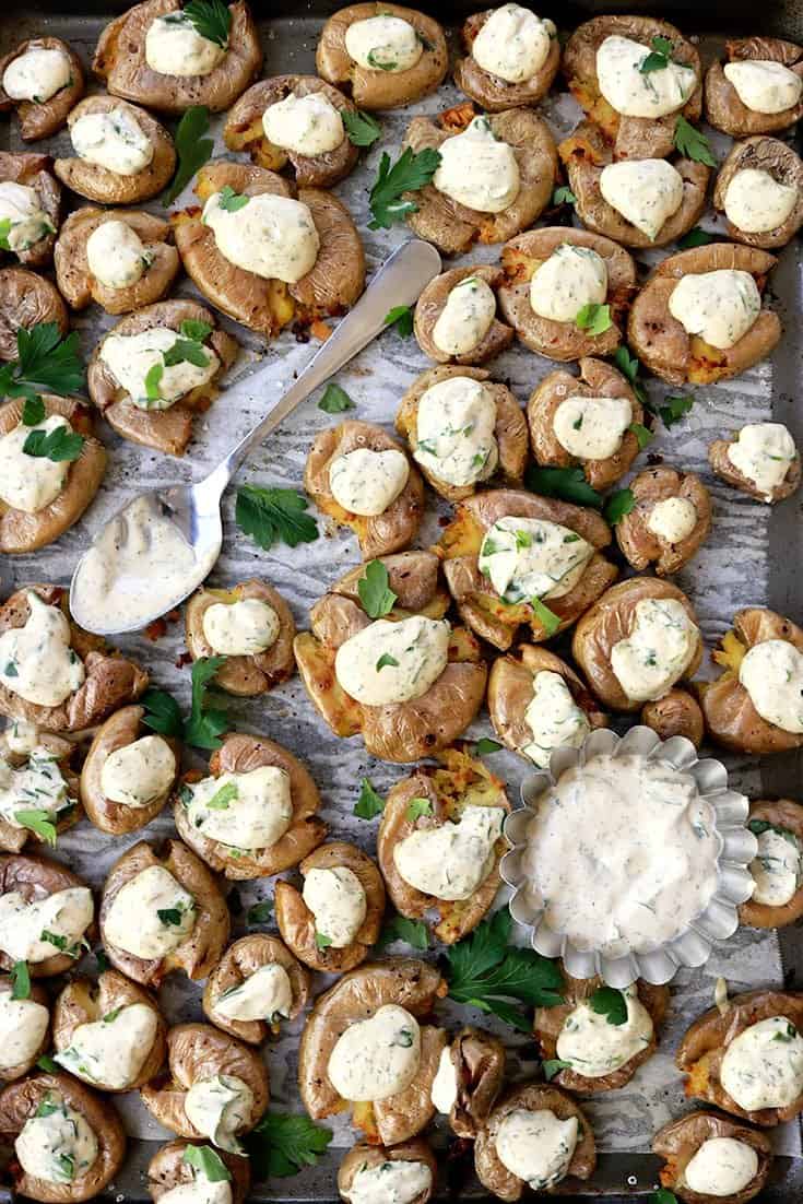 Smashed Potatoes with Vegan Ranch Dip , Smashed Potatoes, Vegan Ranch Dip, smashed potato, vegan dip, ranch dip, vegan herb dip, crispy smashed potatoes, potato, potatoes, dip, vegan recipes, vegan cooking, vegan side dish, gluten free, dairy free, healthy, cooking, delicious