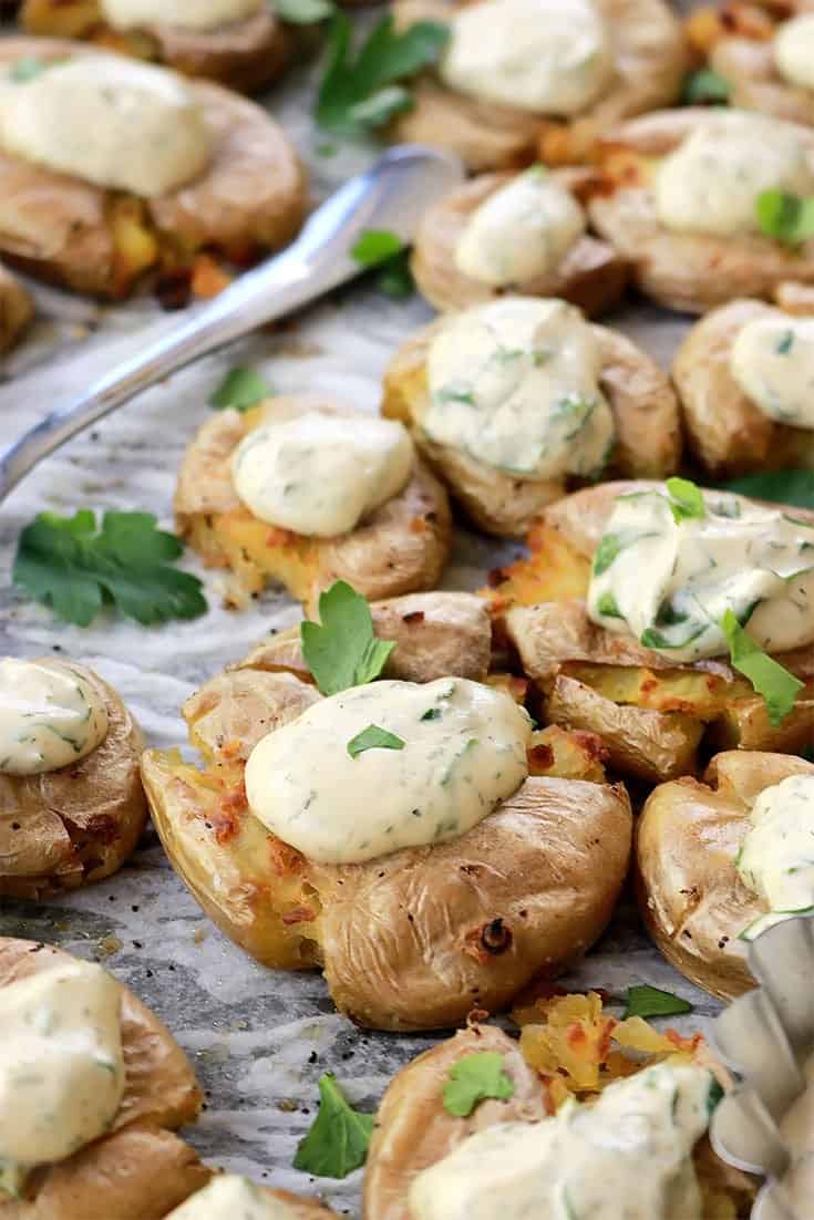 Smashed Potatoes with Vegan Ranch Dip , Smashed Potatoes, Vegan Ranch Dip, smashed potato, vegan dip, ranch dip, vegan herb dip, crispy smashed potatoes, potato, potatoes, dip, vegan recipes, vegan cooking, vegan side dish, gluten free, dairy free, healthy, cooking, delicious