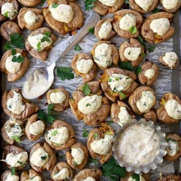 Smashed Potatoes with Vegan Ranch Dip , Smashed Potatoes, Vegan Ranch Dip, smashed potato, vegan dip, ranch dip, vegan herb dip, crispy smashed potatoes, potato, potatoes, dip, vegan recipes, vegan cooking, vegan side dish, gluten free, dairy free, healthy, cooking, delicious