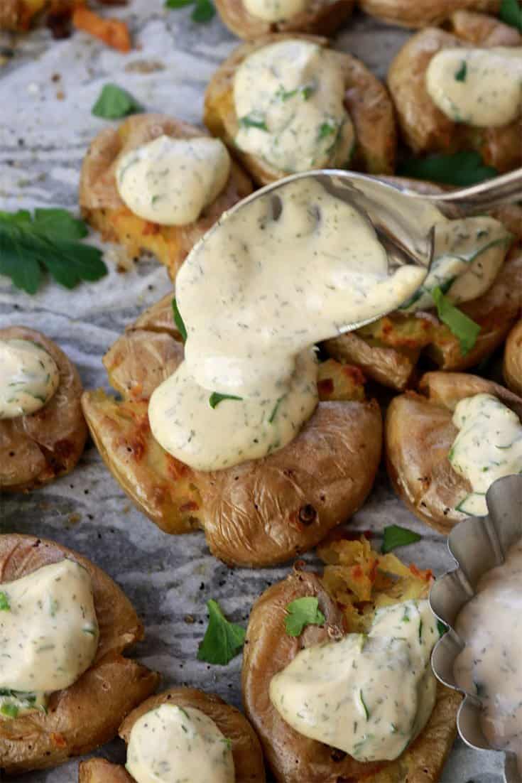 Smashed Potatoes with Vegan Ranch Dip , Smashed Potatoes, Vegan Ranch Dip, smashed potato, vegan dip, ranch dip, vegan herb dip, crispy smashed potatoes, potato, potatoes, dip, vegan recipes, vegan cooking, vegan side dish, gluten free, dairy free, healthy, cooking, delicious