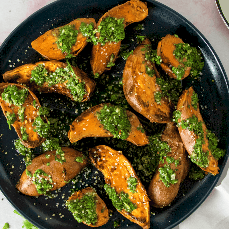 Chimichurri Sweet Potatoes with Hemp Hearts