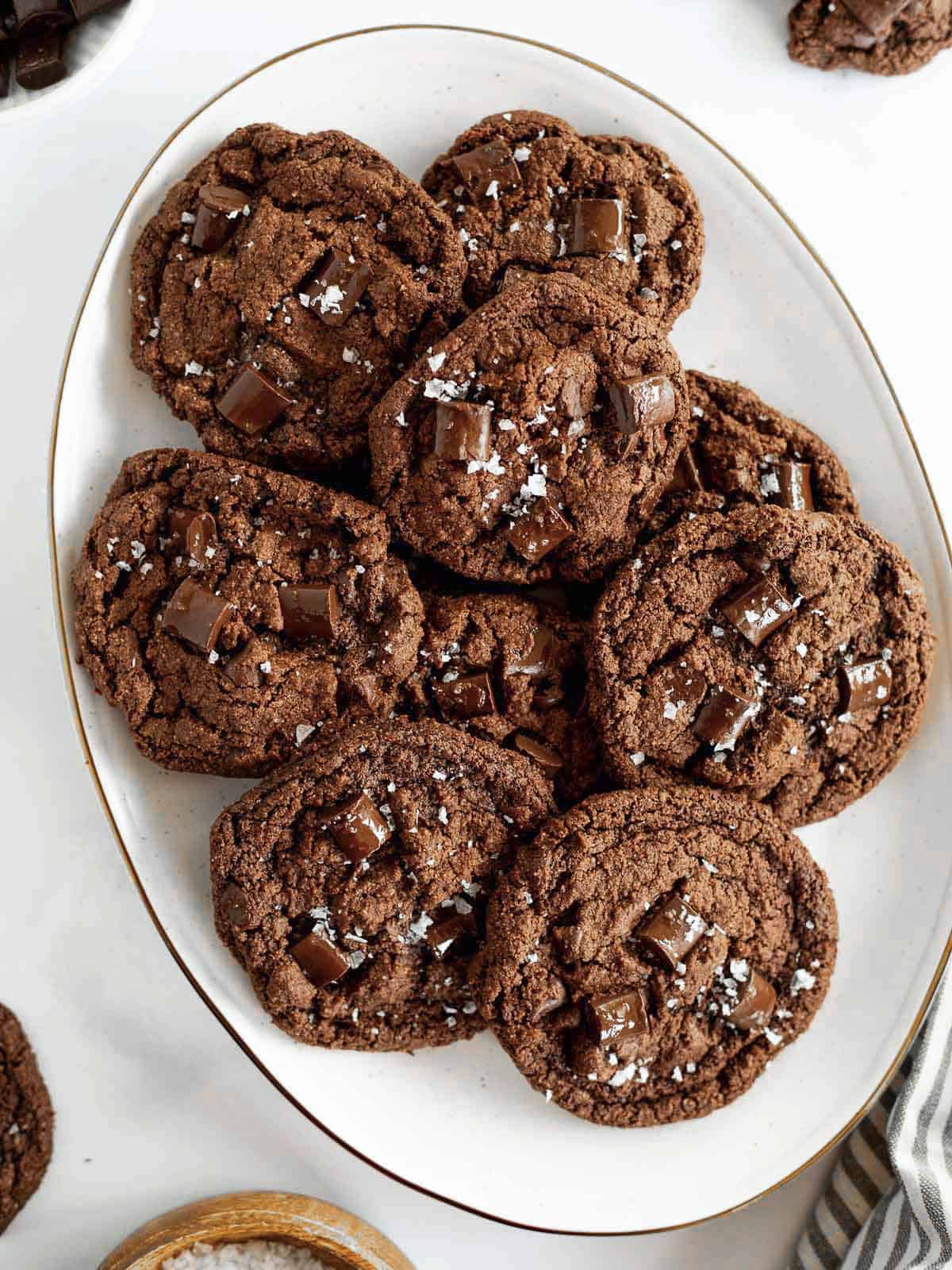 gluten free double chocolate chip cookies on an oval platter