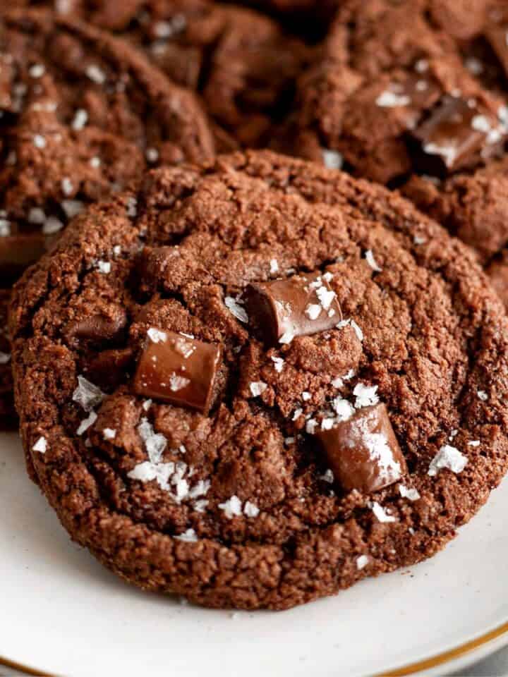gluten free vegan double chocolate chip cookies on a plate