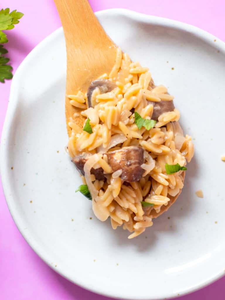 gluten free orzo on spoon close up