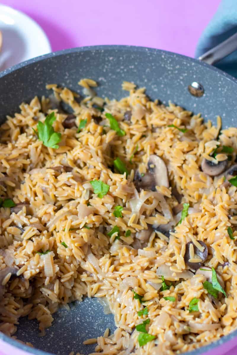 Gluten Free Orzo in frying pan