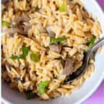 gluten free orzo with mushrooms in a bowl with a spoon
