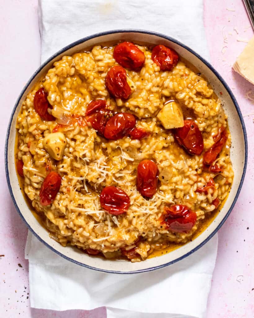 Tomato & Garlic Confit Risotto in a bowl gluten free