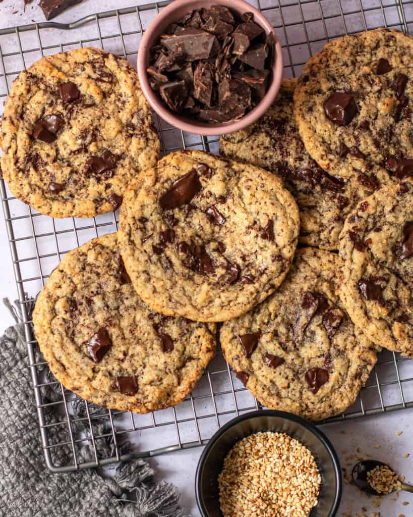 Sesame Chocolate Chip Cookies on cooling rack