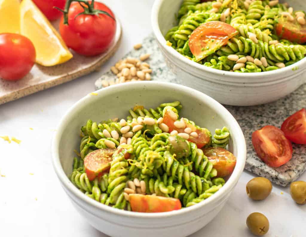 gluten free pesto pasta salad in a bowl