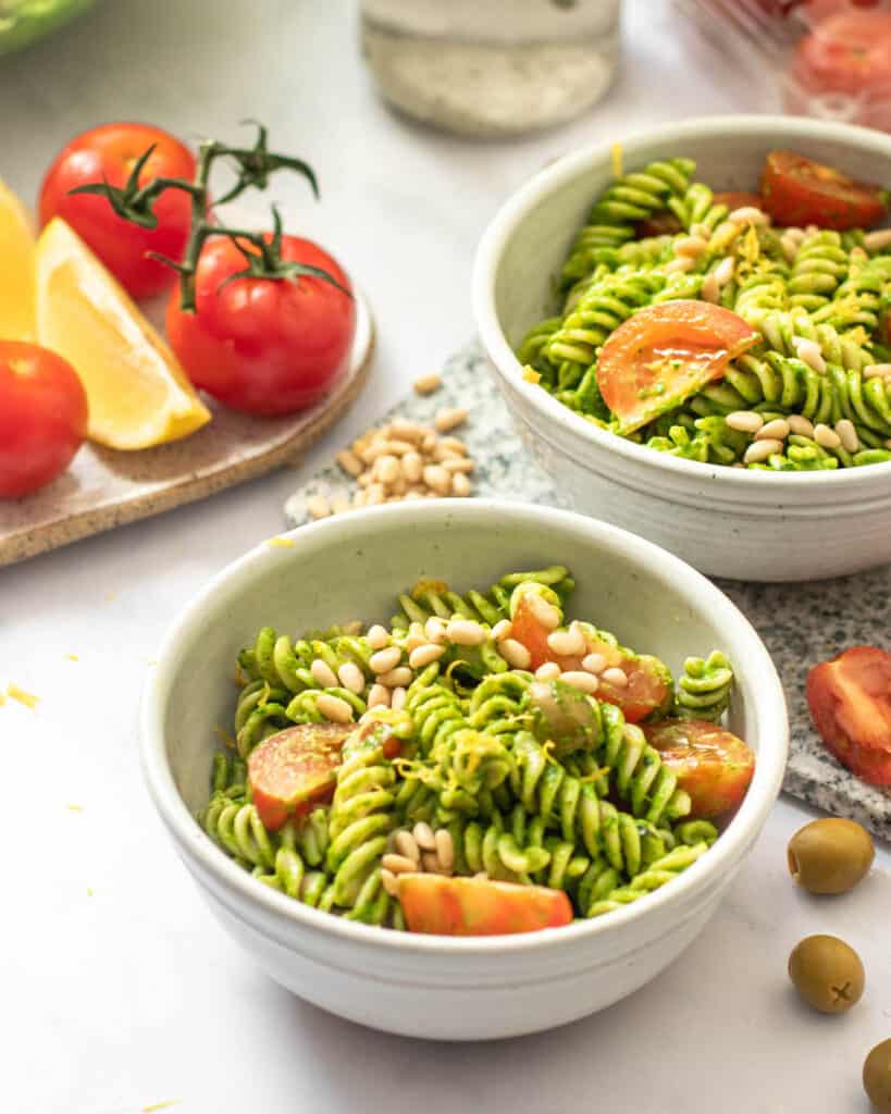 Gluten Free Pesto Pasta Salad with Tomatoes & Olives