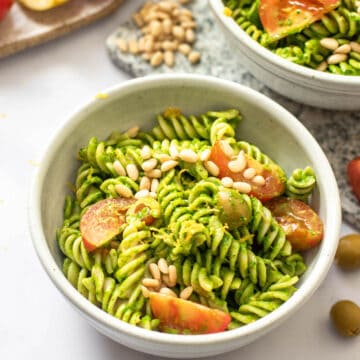 Gluten Free Pesto Pasta Salad with Tomatoes & Olives