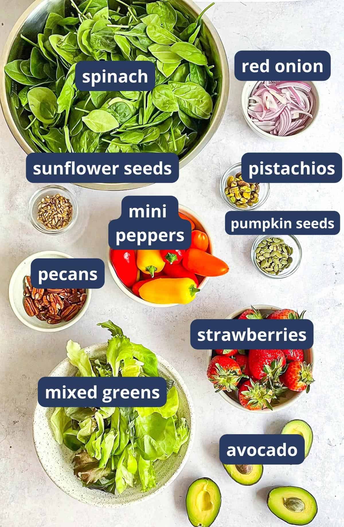 Ingredients for strawberry spinach salad
