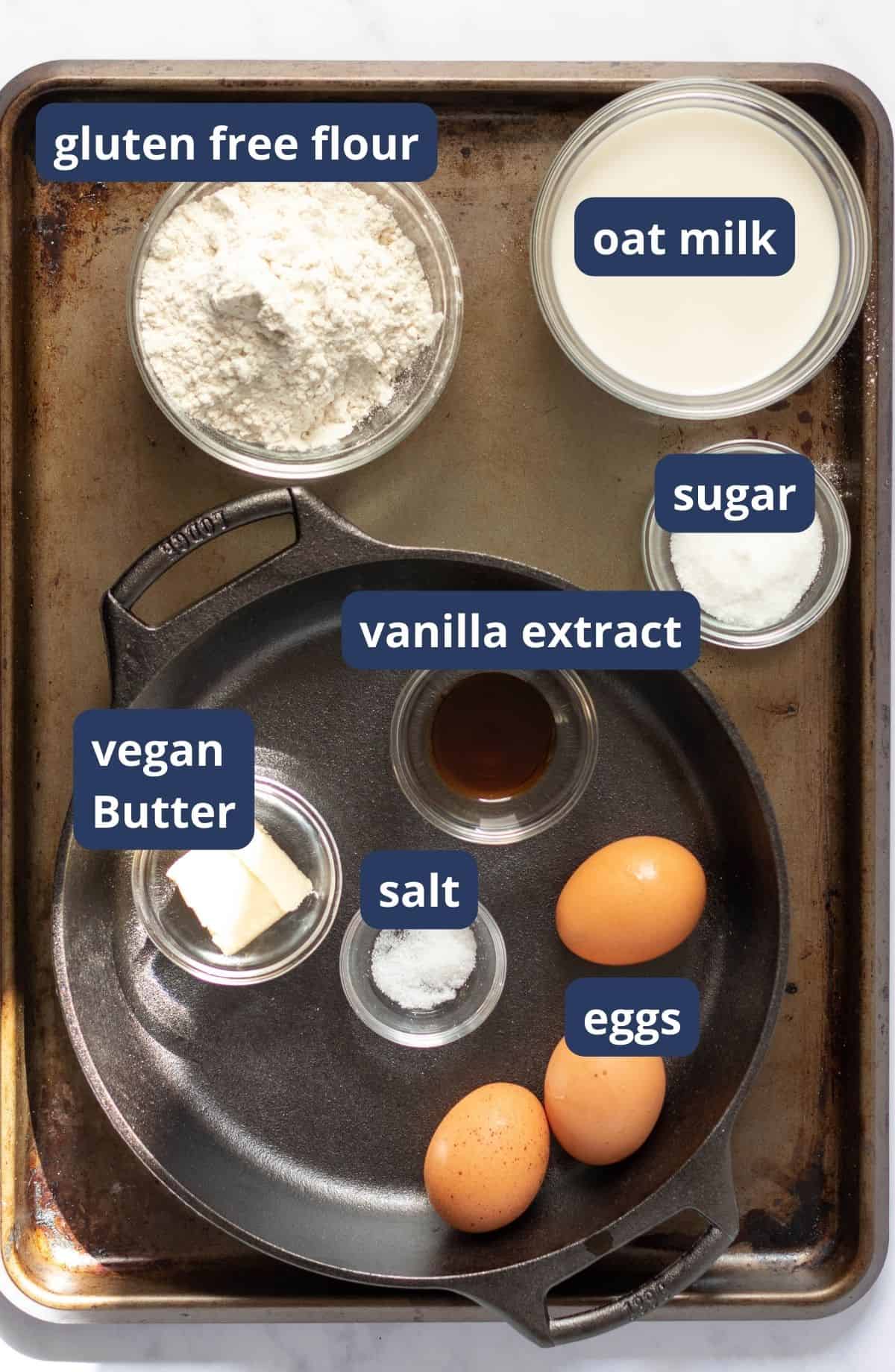 ingredients for a dutch baby pancake on a pan