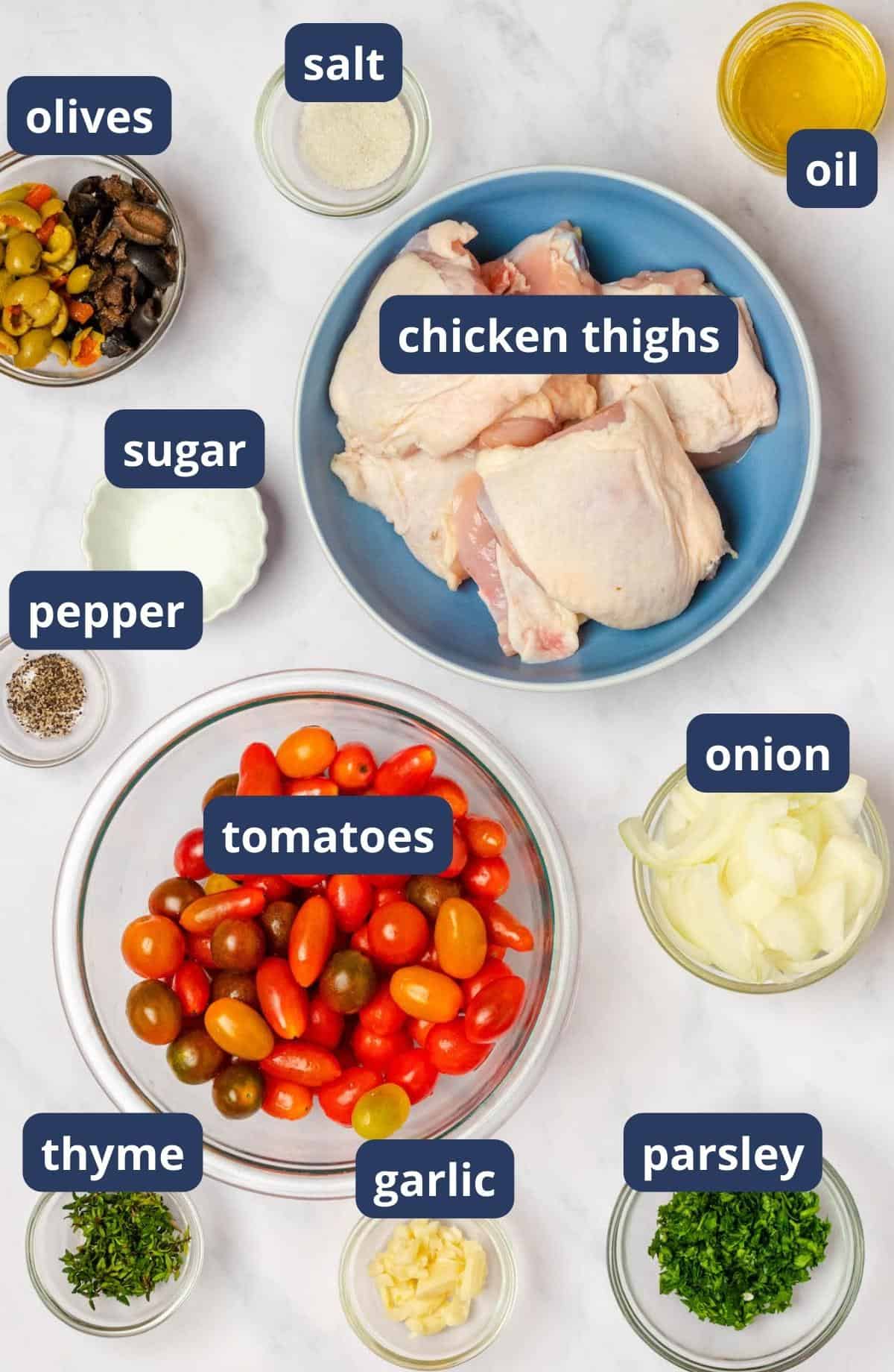 ingredients for chicken thighs with tomatoes and olives