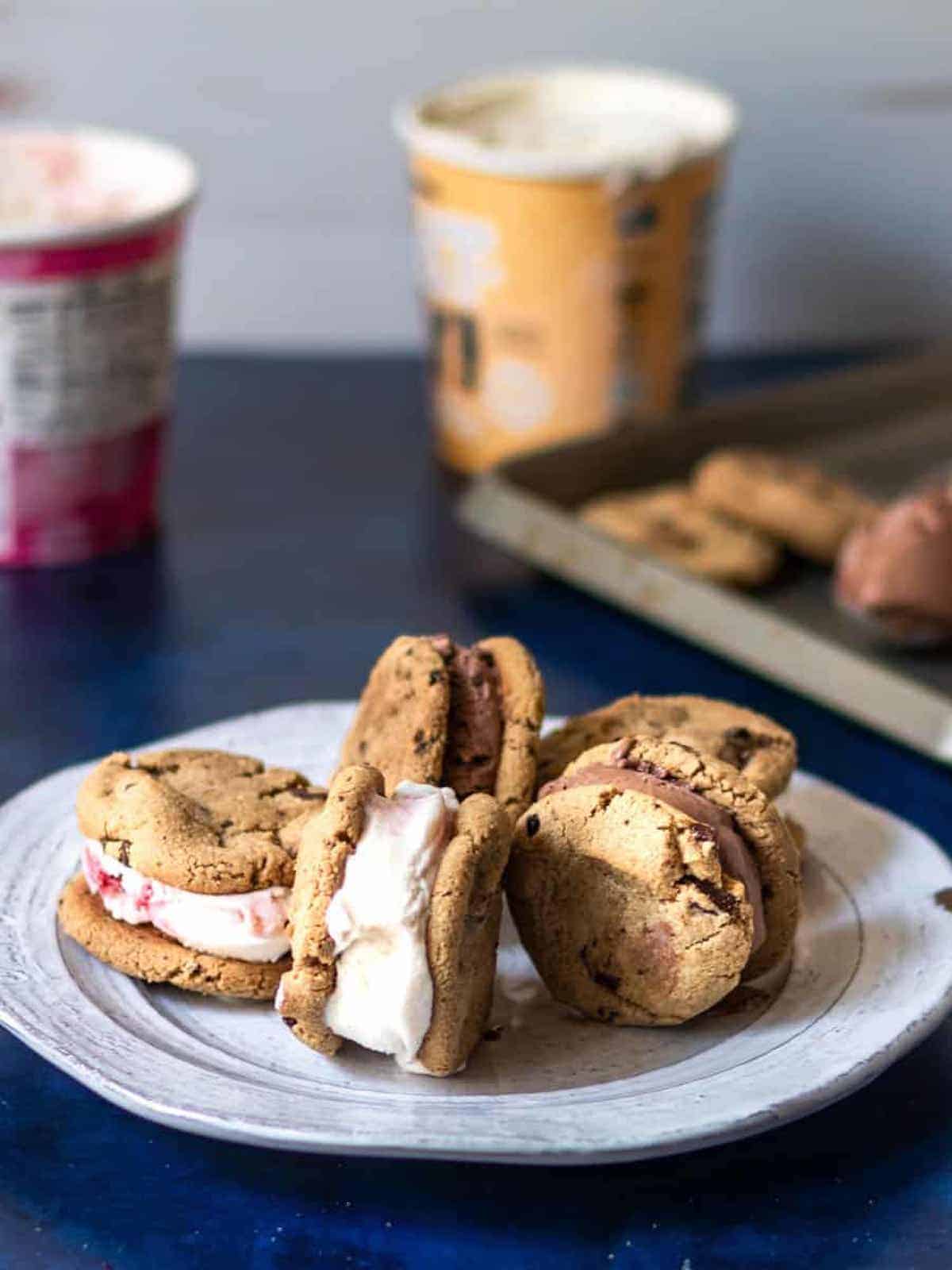 gluten free ice cream cookie sandwiches on a stoneware plate