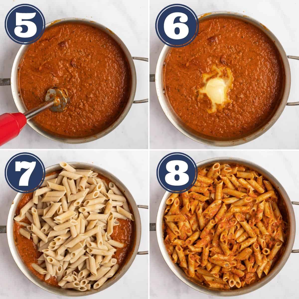 remaining steps to make pink sauce pasta dish in a pan