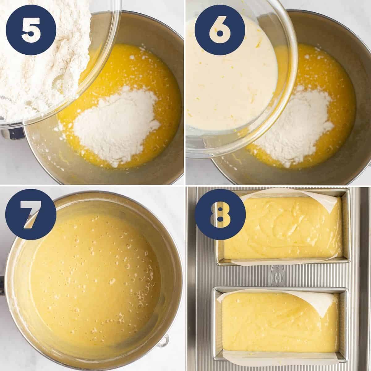 step by step gluten free lemon drizzle cake pouring batter into the pans