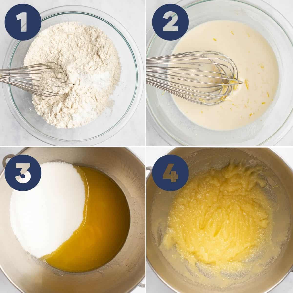 steps to make the Gluten Free Lemon Drizzle Cake batter in mixing bowls