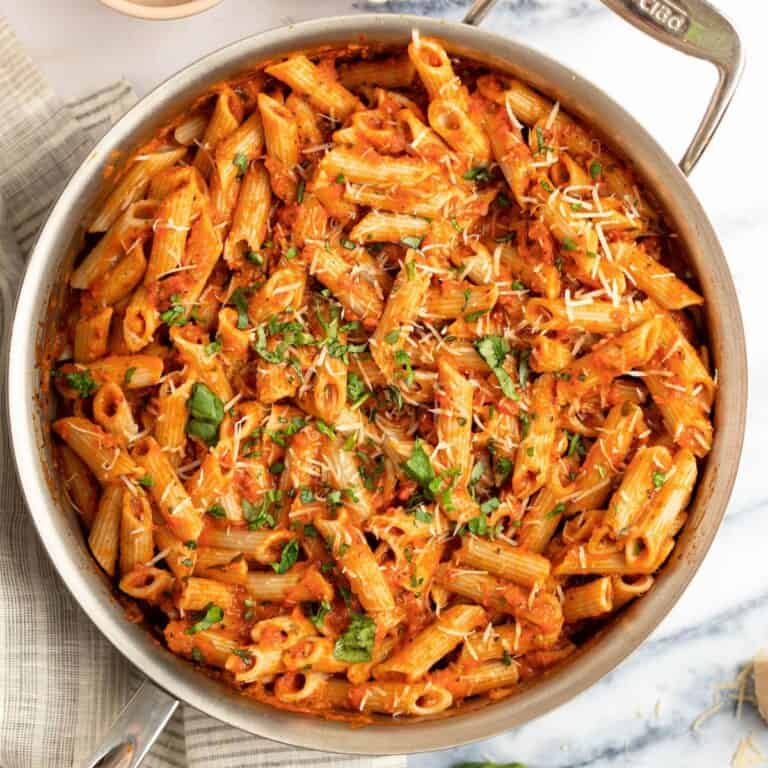 pink sauce pasta in a large skillet