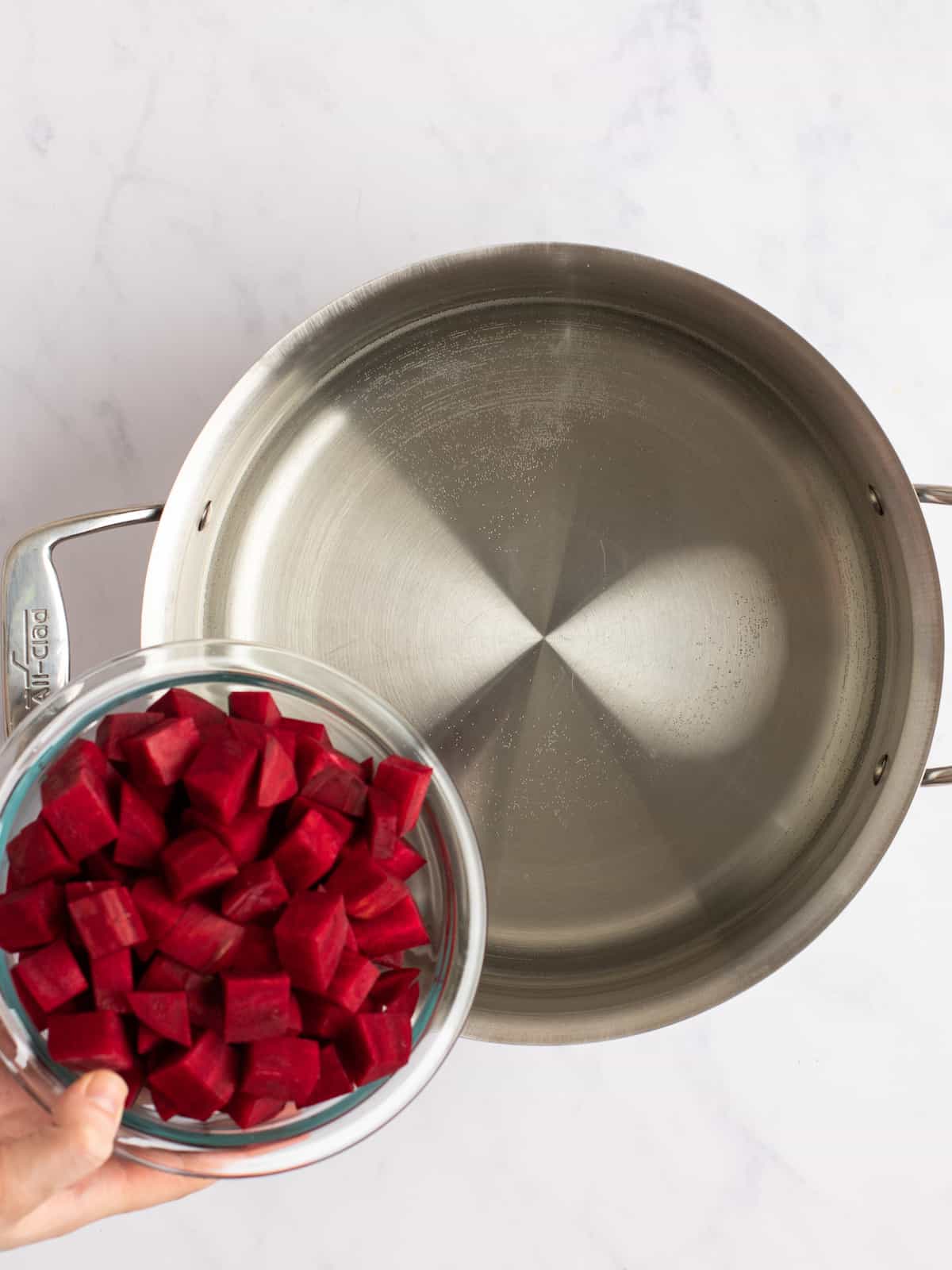 cubed beets added to a large pot of water