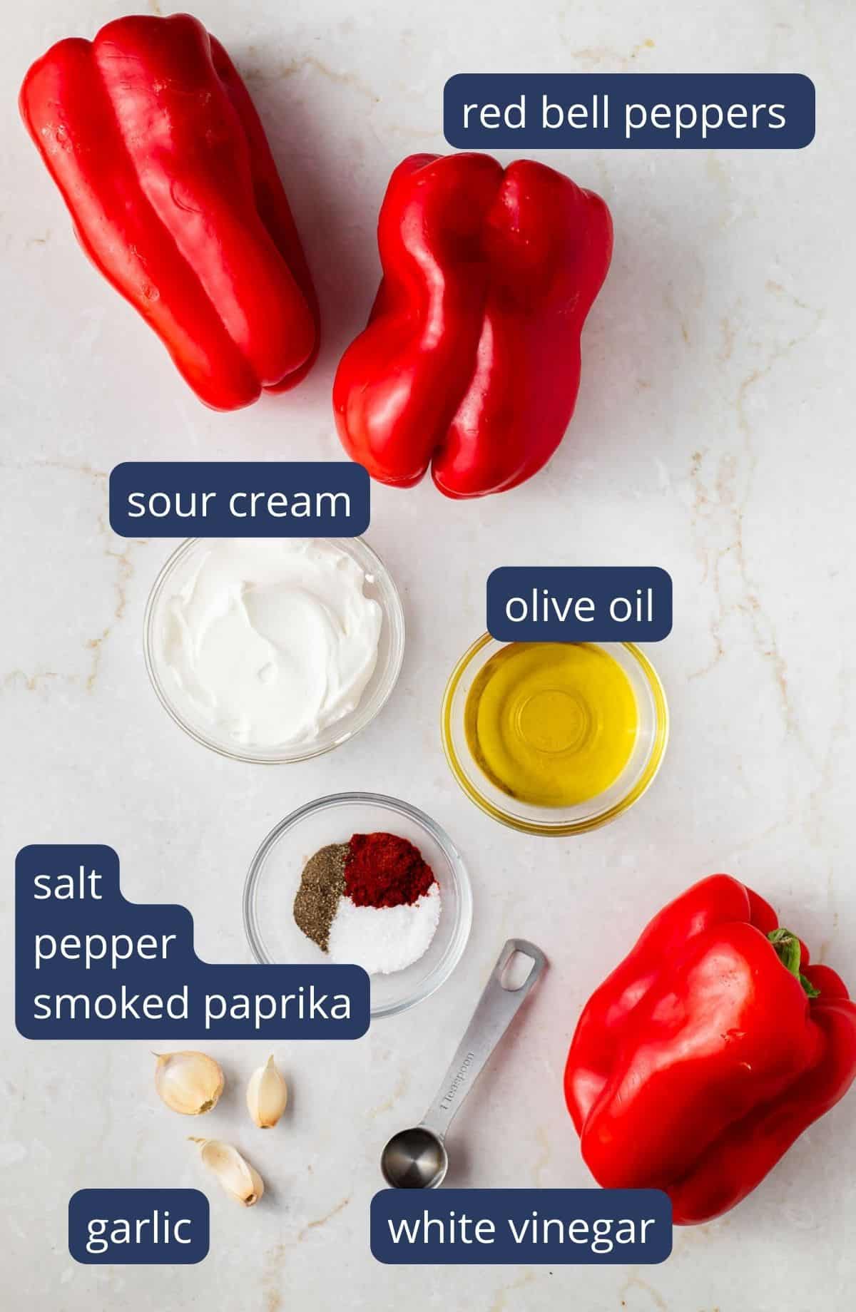 smoky red pepper crema ingredients in glass bowls