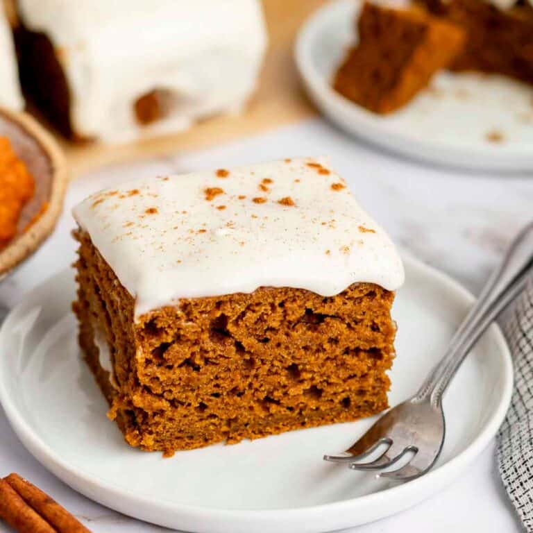 gluten free pumpkin gingerbread cake slice with a fork