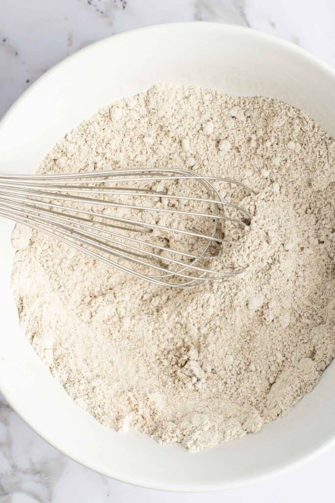 dry ingredients whisked together in large white bowl
