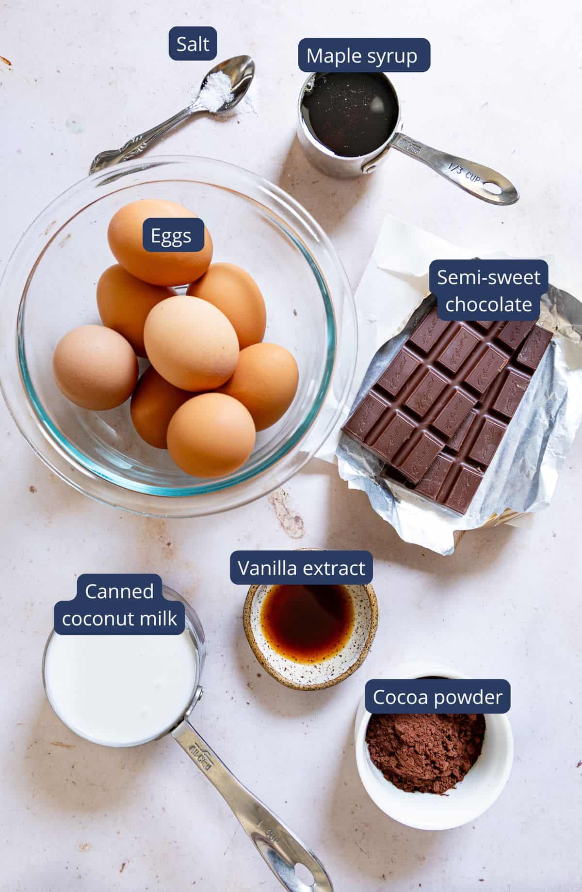 Protein chocolate mousse recipe ingredients in small bowls with text overlay 