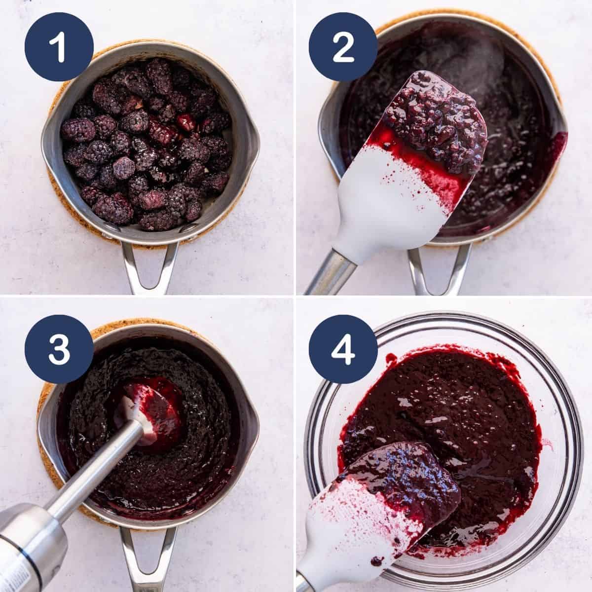 Making blackberry compote for Blackberry Cheesecake Filling for Cake