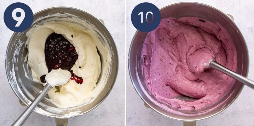 Mixing blackberry compote into cheesecake filling