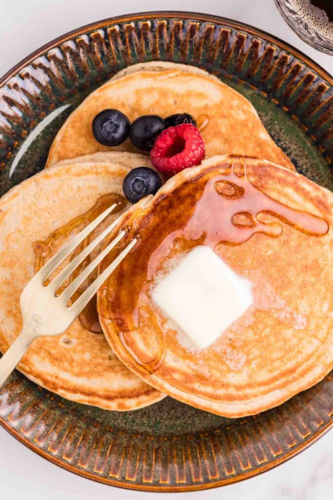close-up of a single fluffy oat flour pancake showing texture