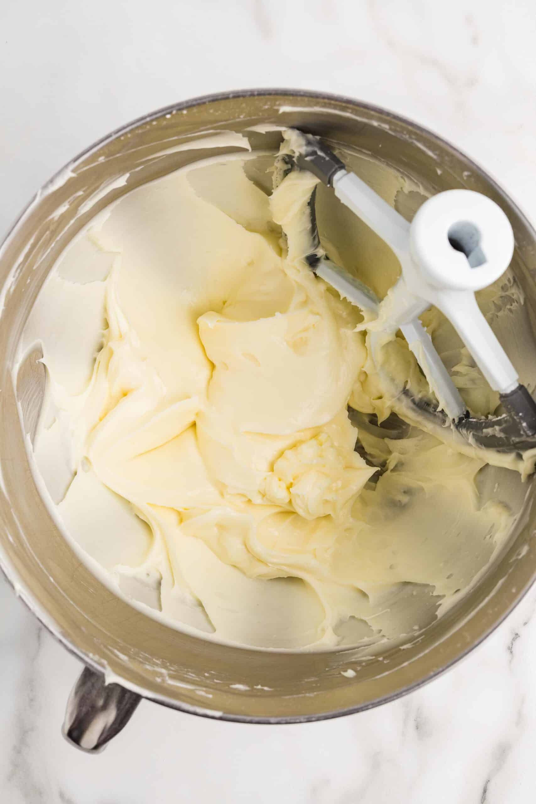 Cream cheese and sugar beaten until smooth with a paddle attachment
